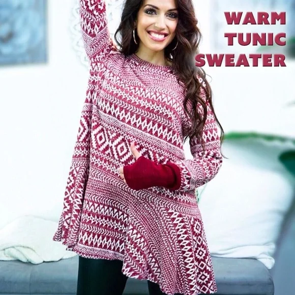 Warm Tunic Burgundy and Winter White Sweater - Picture 1 of 7